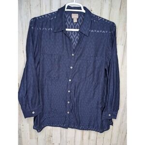 XL Chico's Sz 3 Sheer Blouse Textured Button Up  Long Sleeve Navy Blue